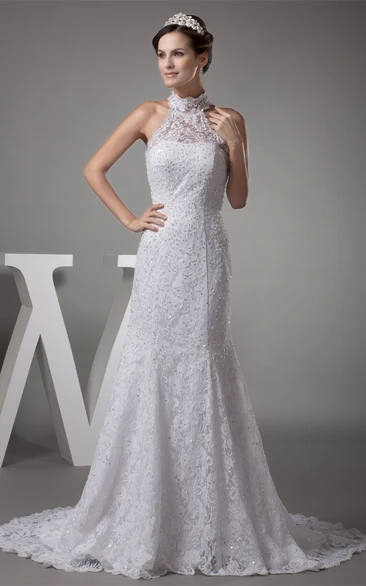 Graceful High-Neck Backless A-Line Dress with Beading and Appliques