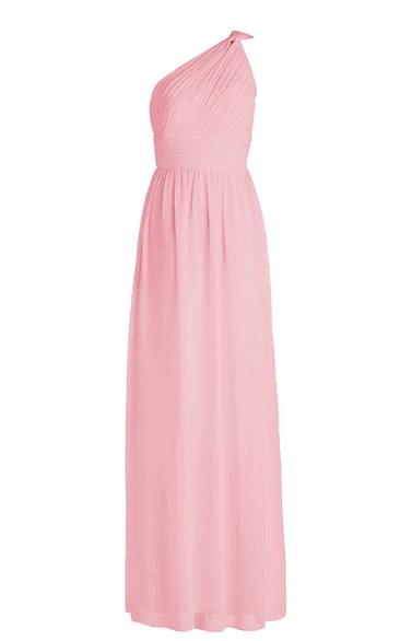 One-shoulder Pleated Chiffon Sheath Gown With Ruched Band