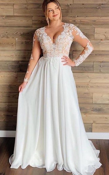 Plus Size Curvy Beach Casual A Line Chiffon Lace V-neck Long Sleeve Wedding Dress