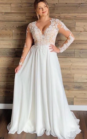 Long Sleeve Plus Size A-Line Lace Wedding Dress for Chubby Arms