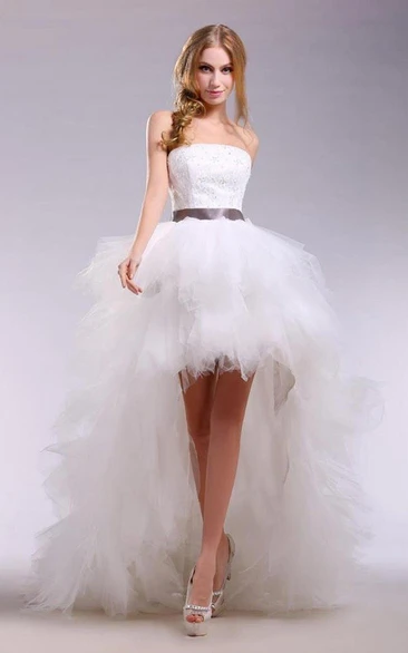 Strapless High-low Tulle Dress With Satin Sash