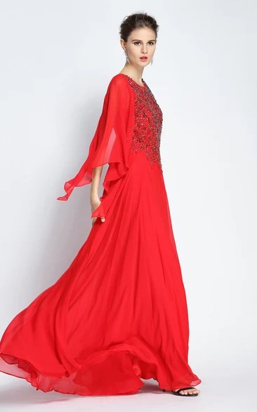A-Line Jewel Bat Long Sleeve Floor-length Chiffon Prom Dress with Beading and Low-V Back