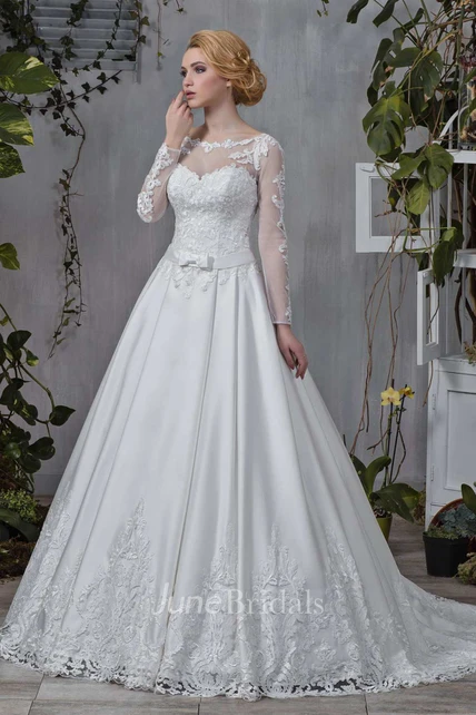 Bateau Long Sleeve Satin A-Line Wedding Dress With Appliques And ...