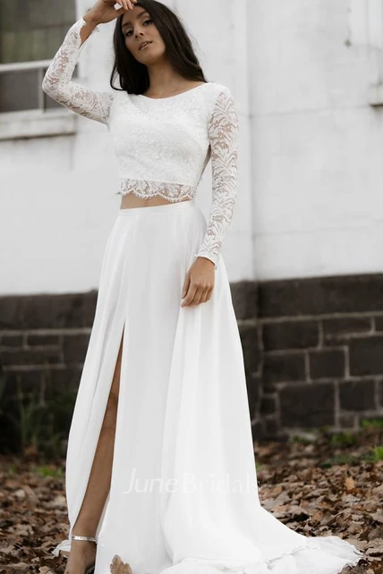 Casual Chiffon Lace Bateau Two Piece Long Sleeve Wedding Dress with ...