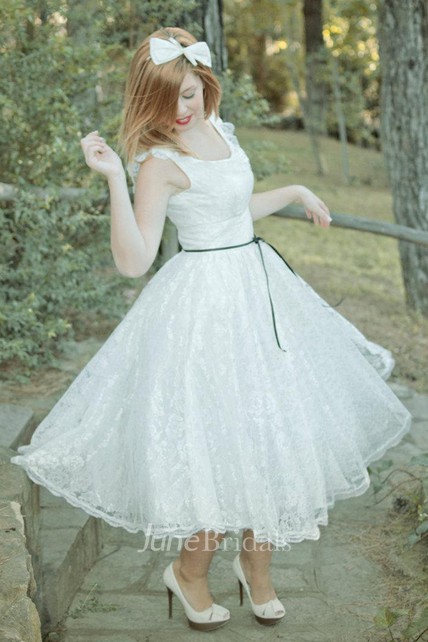 Short Mini Tea-Length Satin Lace Wedding Dress - June Bridals