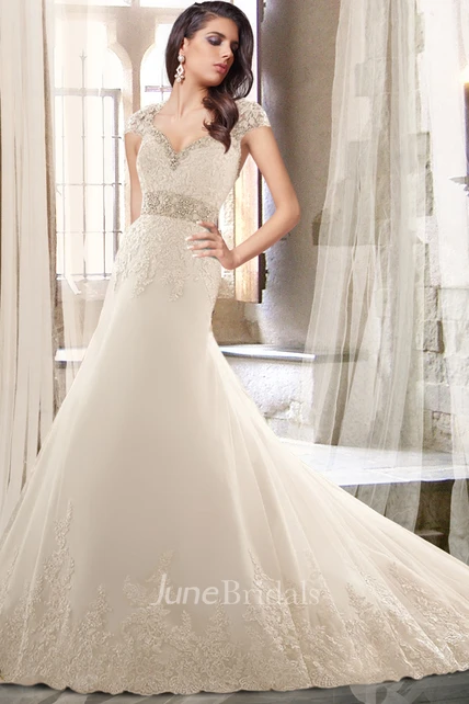 T242067_Summer-Classic Romantic Rustic Embroidered Lace on Tulle Fit & Flare  Gown with Strapless Sweetheart Neckline and Scallop Cut-Out 86 inch  Semi-Cathedral Train