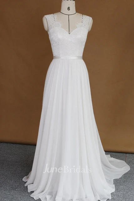 Strapped V-Neck Chiffon Lace Satin Dress With Appliques - June Bridals