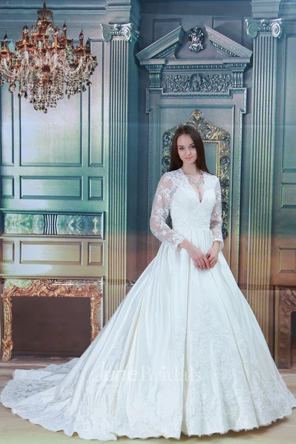 Plunged Long-Sleeve Lace Ball Gown with Beading and Illusion - June Bridals