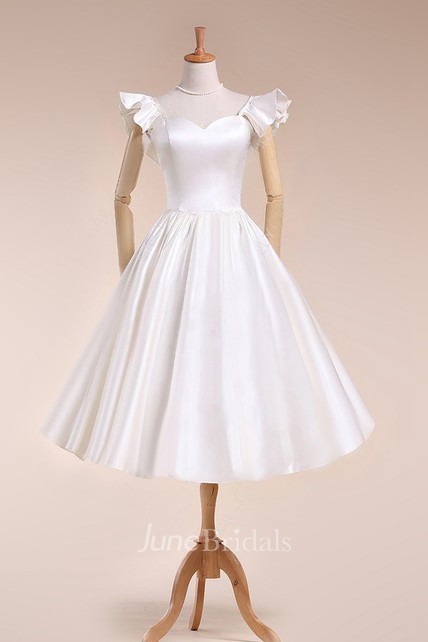 Scalloped Tea-Length Satin Wedding Dress With Pleats And Bell Sleeve ...