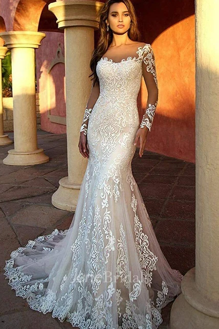 2024 Elegant Sexy Mermaid Long Sleeve Boho Lace Wedding Dress Romantic ...