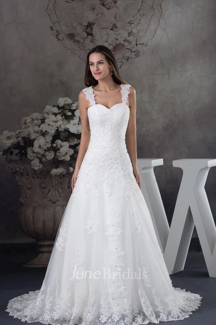 Strapped Lace A-Line Gown with Beading and Court Train - June Bridals