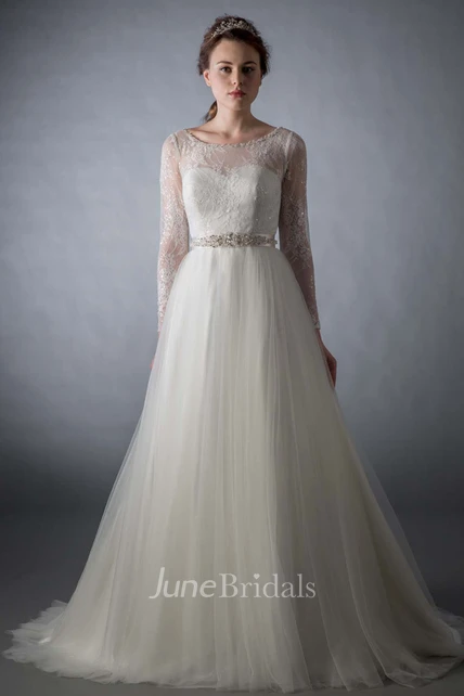 A-Line Lace Scoop Neck Long Sleeve Tulle Wedding Dress - June Bridals