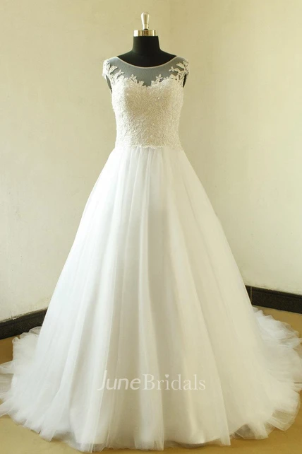 Bateau Neck Cap Sleeve Long A-Line Tulle Wedding Dress With Elegant ...