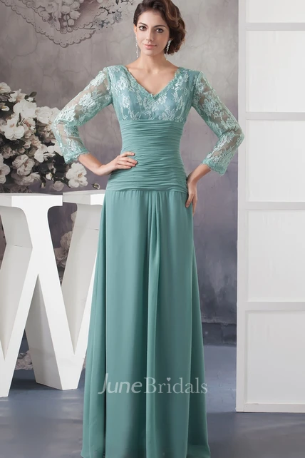 V-Neck Appliqued Chiffon Long Dress with Illusion Neckline - June Bridals