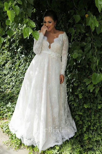 Sexy Sheer V Neck Long Sleeves Lace Floor Length Garden Plus Size Wedding  Dress - June Bridals