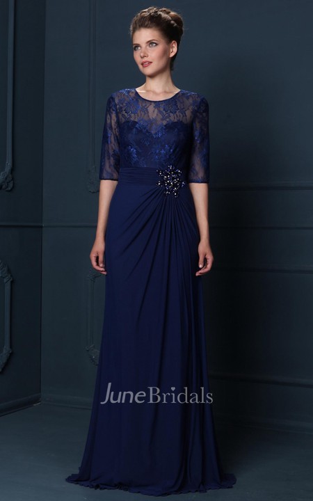 Jewel-Neck Lace Half Sleeve Chiffon Dress With Draping - June Bridals