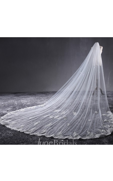 Ethereal Tulle Cathedral Wedding Veil with Lace Edge and Flower ...