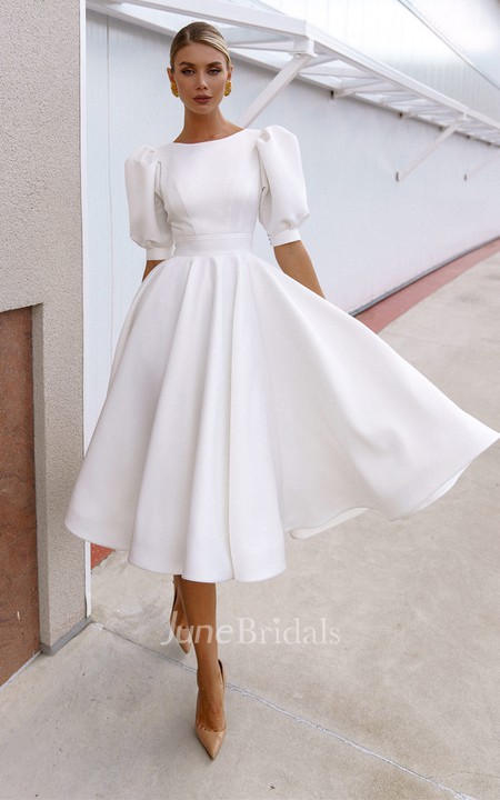 Elegant Bateau A Line Satin Knee-length Wedding Dress - June Bridals