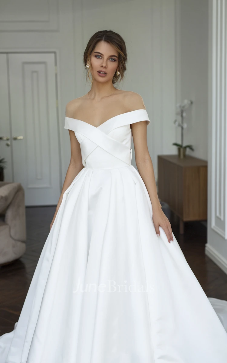 Criss Cross Off-the-shoulder Illusion Satin Wedding Dress With Illusion Keyhole Back And Buttons