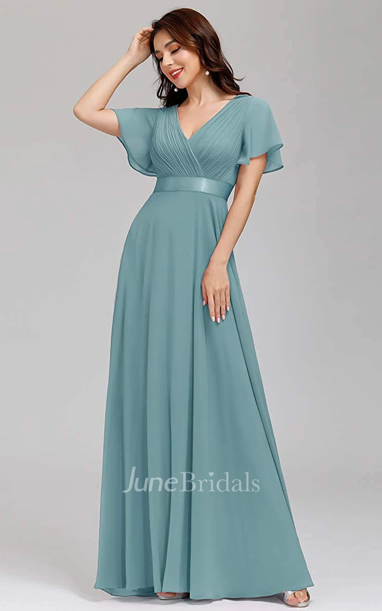 A Line V-neck Chiffon Short Sleeve Formal Mother Dress With Ruffles