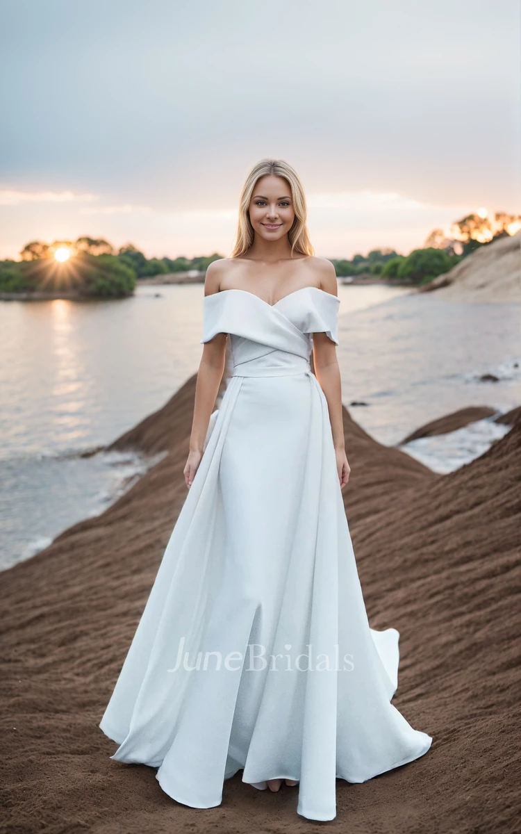 Sexy Off-the-Shoulder Satin A-Line Solid Ruching Long Wedding Gown with Sweep Train