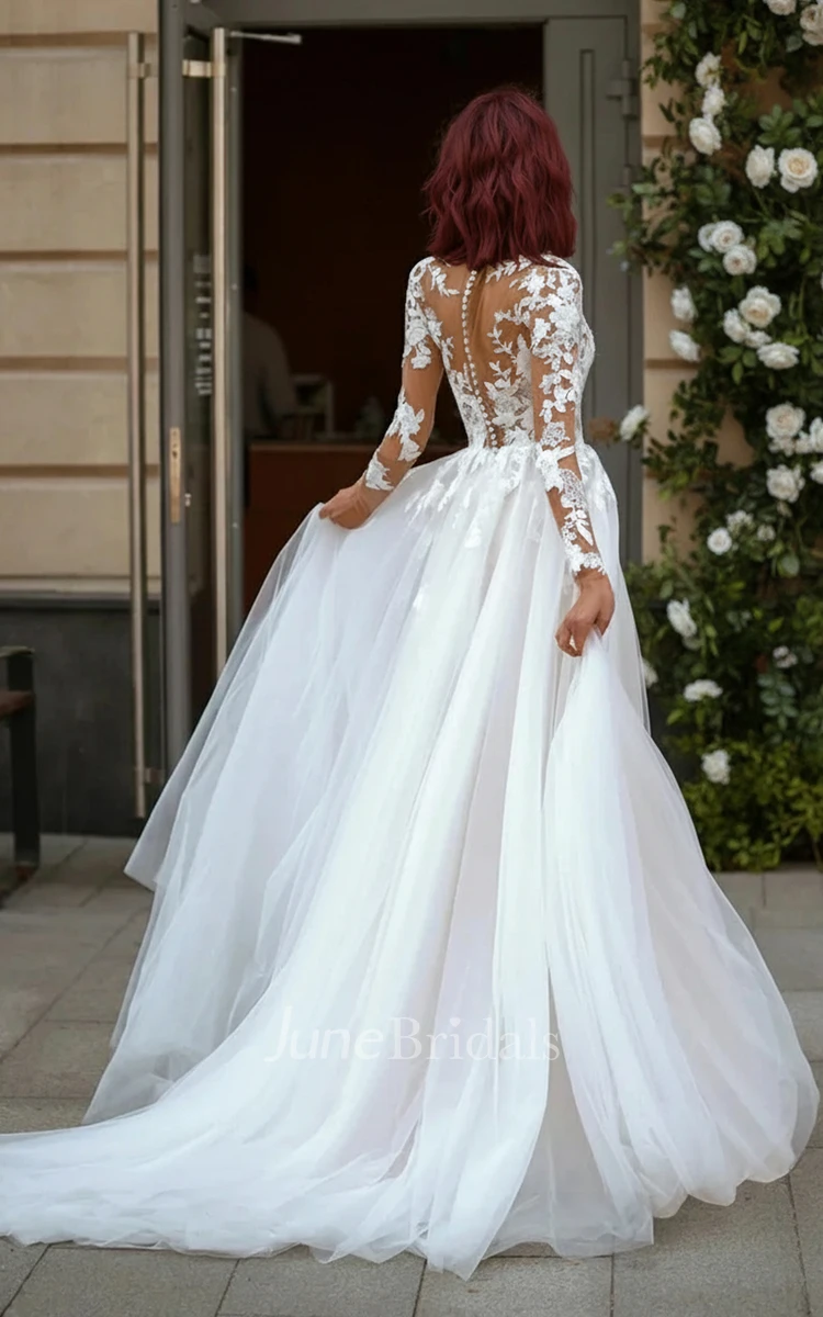 Romantic A-Line Long Sleeve Lace Tulle Wedding Dress with V Neck and Backless Elegant Bridal Gown