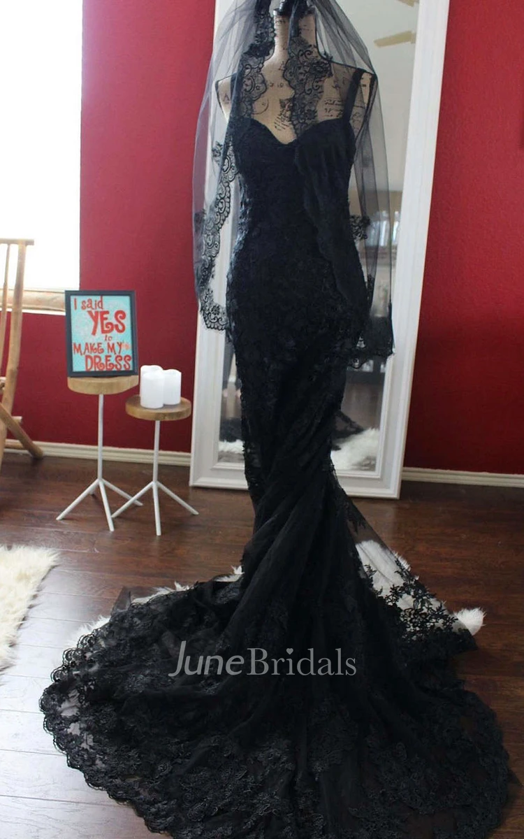 Black Gothic Wedding Dresses Mermaid Lace Strapless With Removeable Long  Sleeves