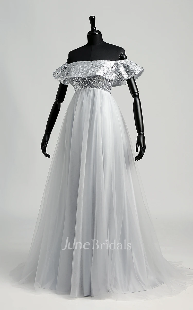 Strapless Sequined Bodice Empire Pleated Tulle Dress