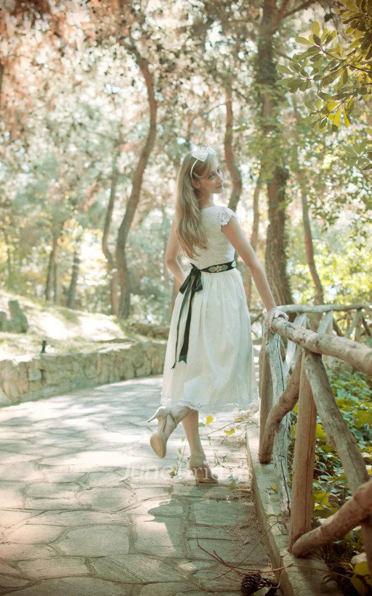 Jewel Short Sleeve Tea-Length Lace Wedding Dress With Sash And Flower