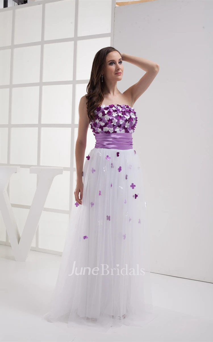 Two-Tone Tulle Floor-Length Dress with Pleats and Floral Top