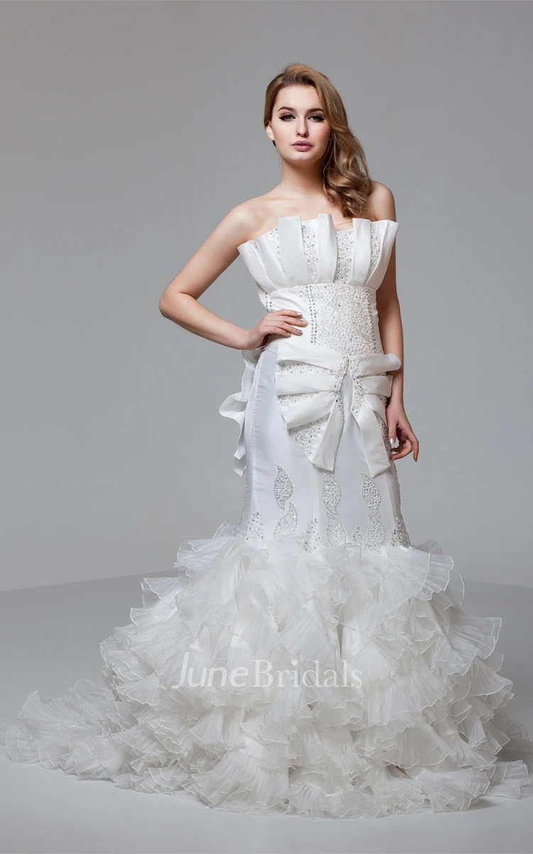 Strapless Mermaid Beaded Gown with Tiers and Ruffles