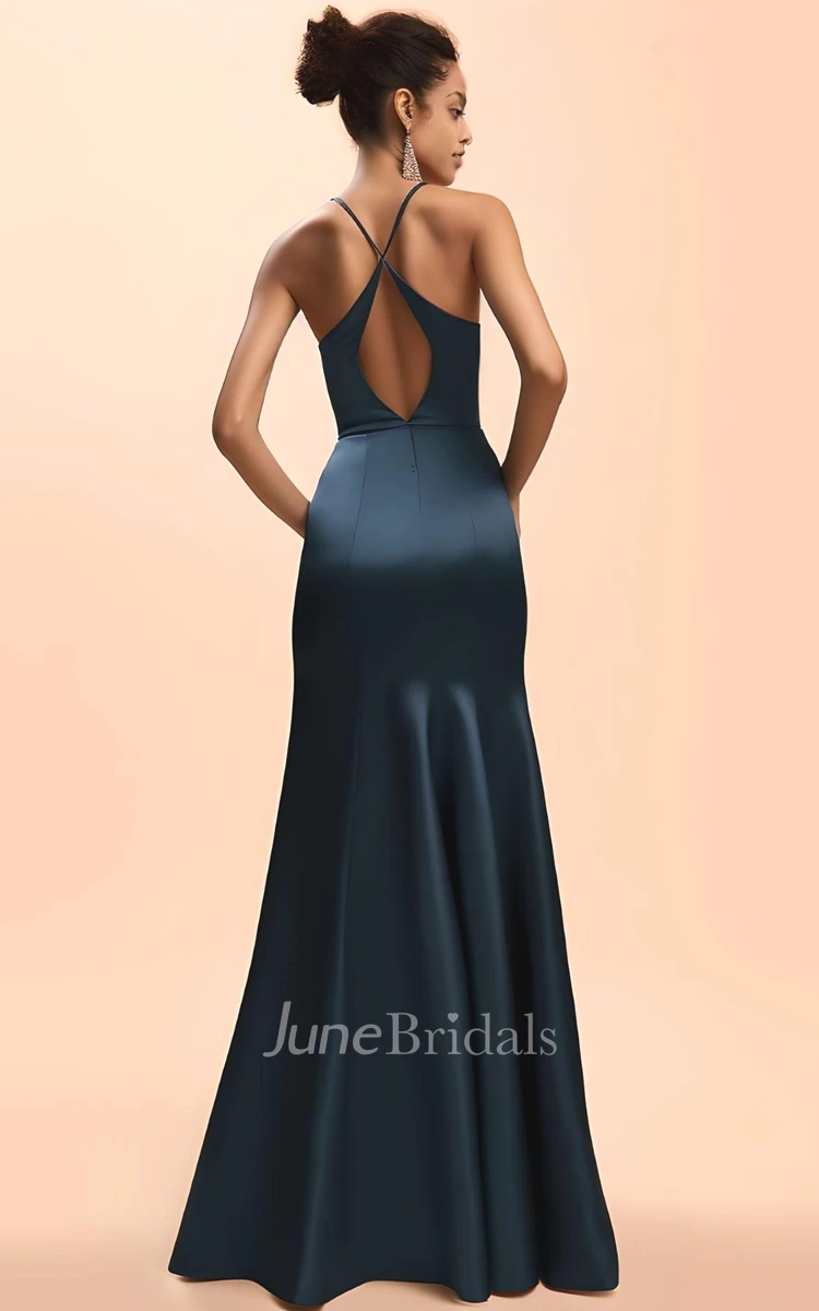 Sexy Mermaid Spaghetti V-neck Satin Sleeveless Evening Dress with Split Front Simple Casual Ethereal Modern Floor-length