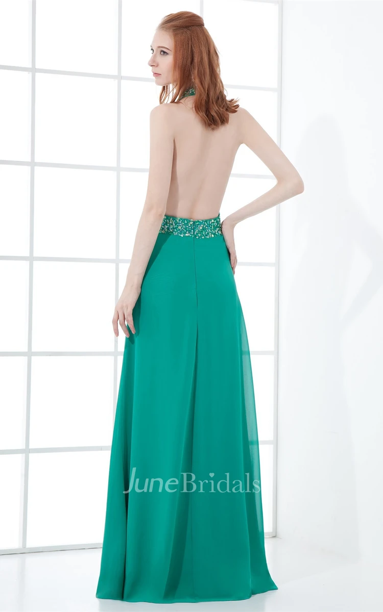 chiffon floor-length sleeveless dress with backless design and beaded waist