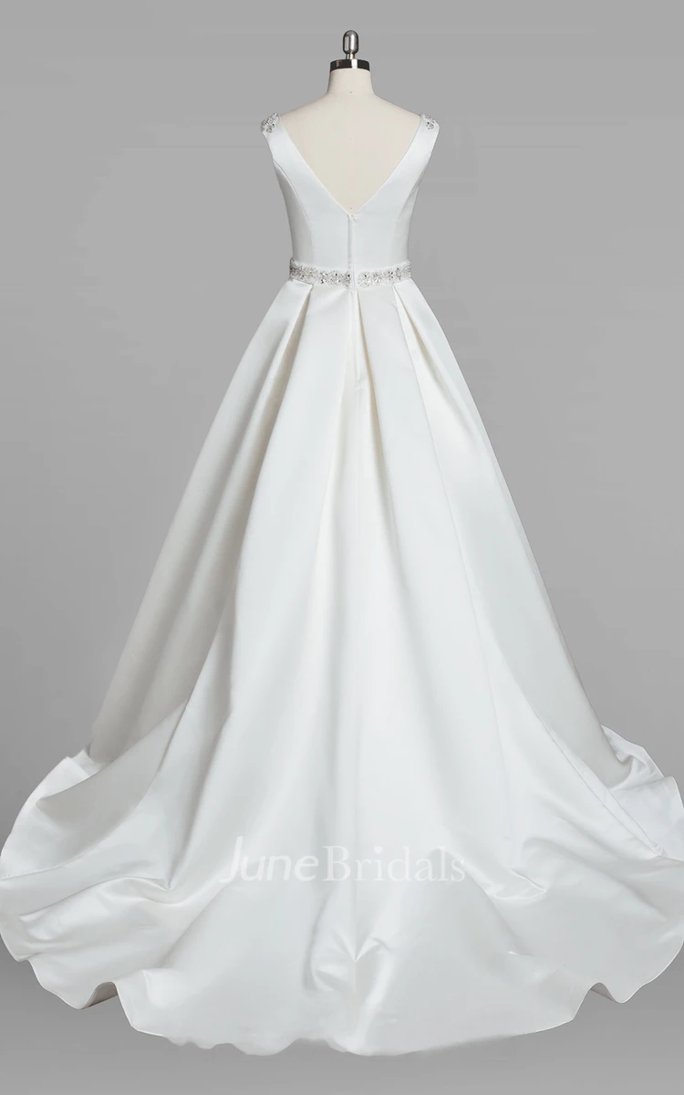 V-Neck Criss-Crossed Sleeveless A-Line Organza Wedding Dress With Beading