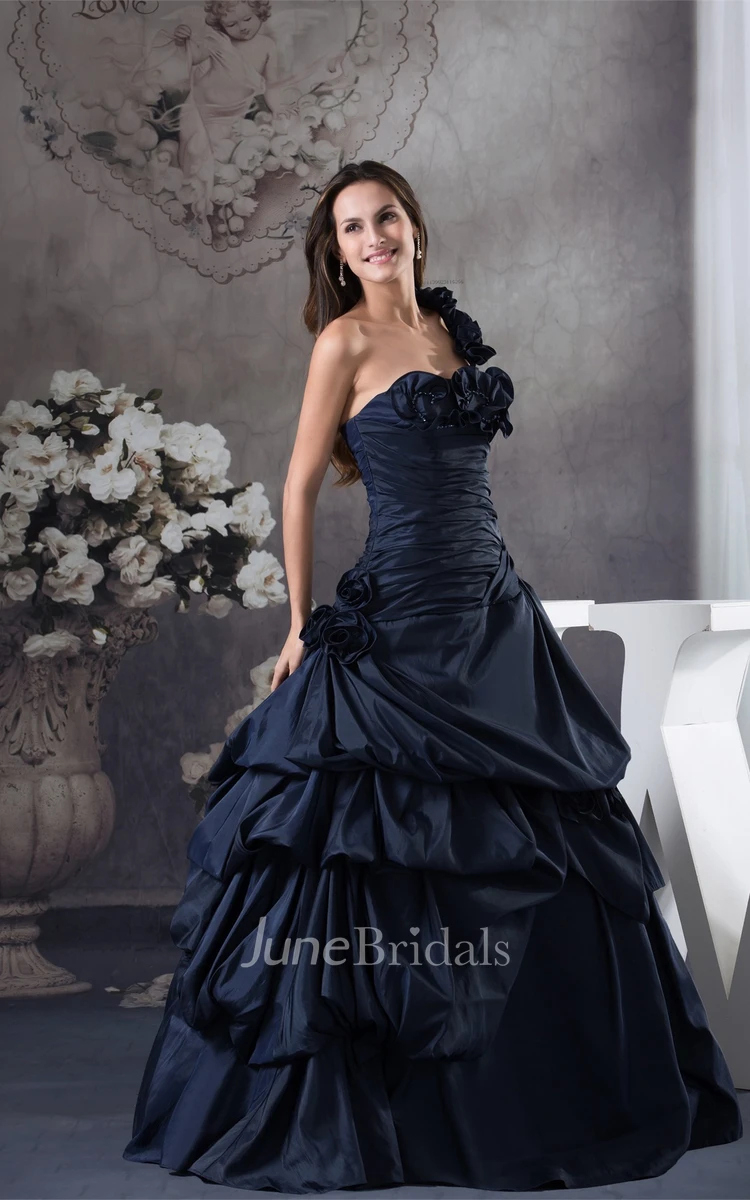 Sleeveless Pick-Up Ruffled Ball Gown with Ruching and Floral Strap