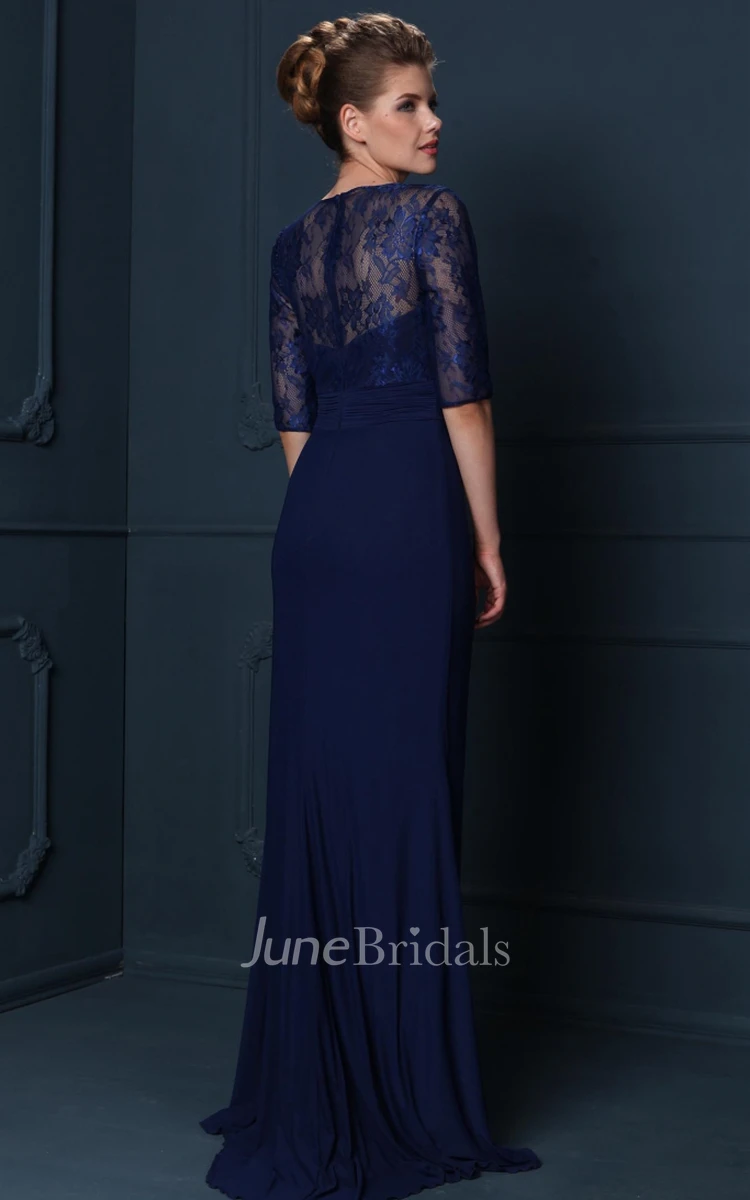 Jewel-Neck Lace Half Sleeve Chiffon Dress With Draping