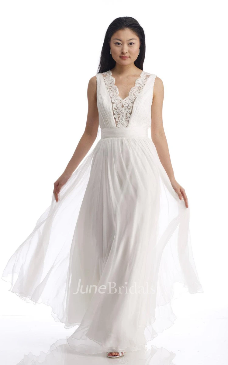 V-Neck Sleeveless Low-V Back Chiffon Wedding Dress With Ruching And Appliques