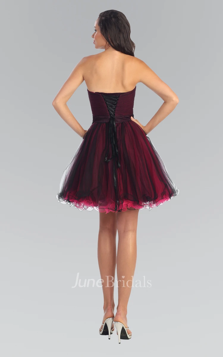 A-Line Mini Sweetheart Tulle Lace-Up Dress With Ruching And Waist Jewellery