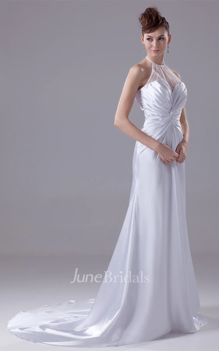 High-Neck Illusion Sweetheart A-Line Satin Gown with Court Train