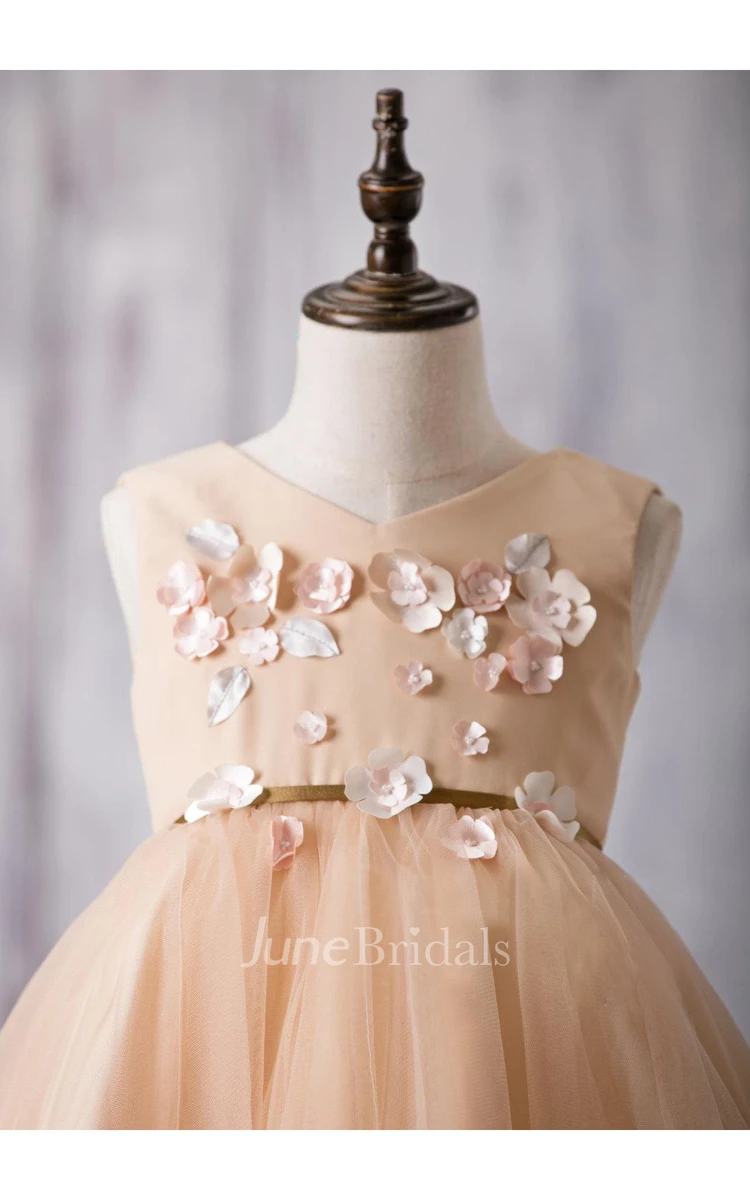 Sleeveless V-neck Flower Applique A-line Tulle Dress