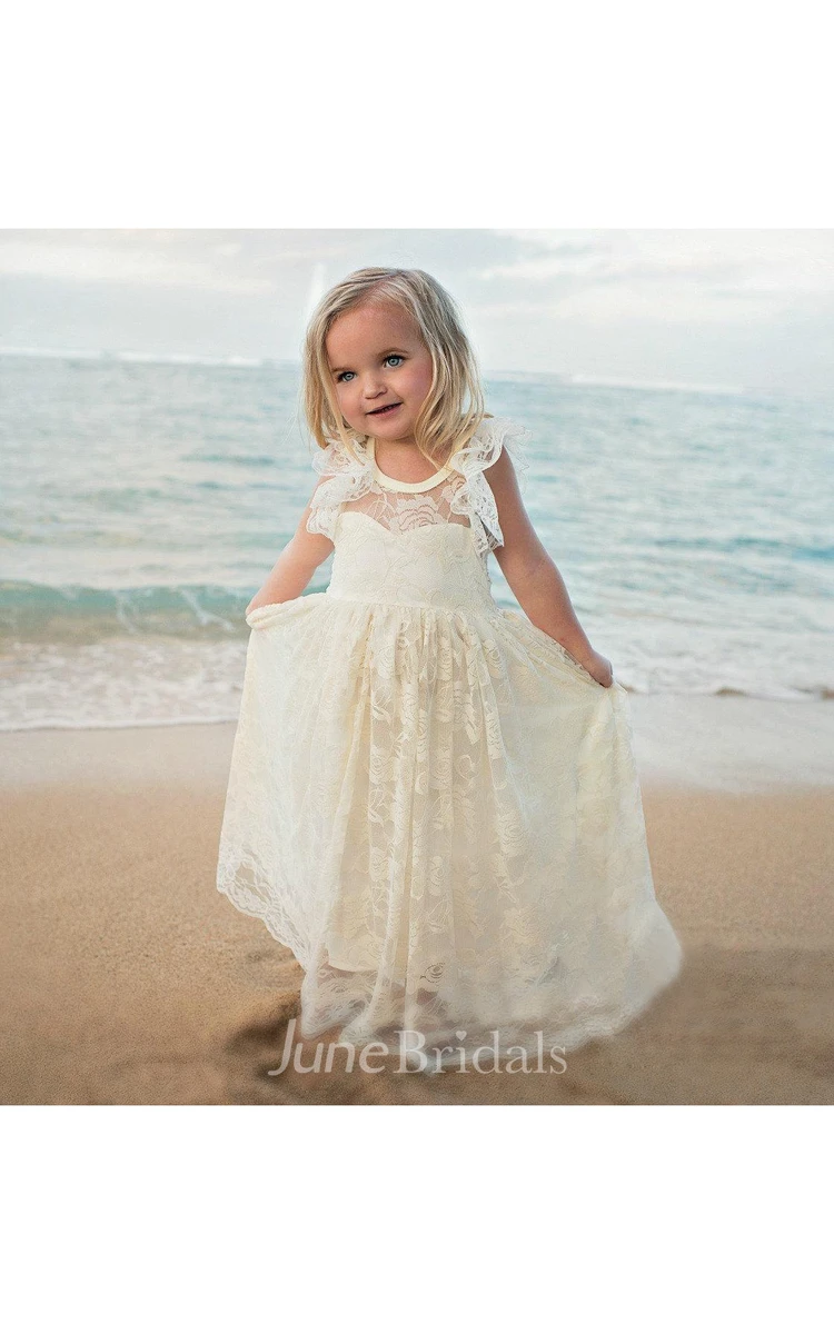 Rustic Country Ruffled Sleeve Lace Dresses With Cream and Ivory Lace