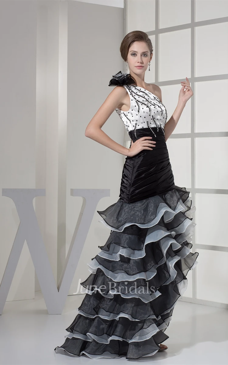 Asymmetrical Flowered One-Shoulder Gown with Ruffles and Beading Embellishment