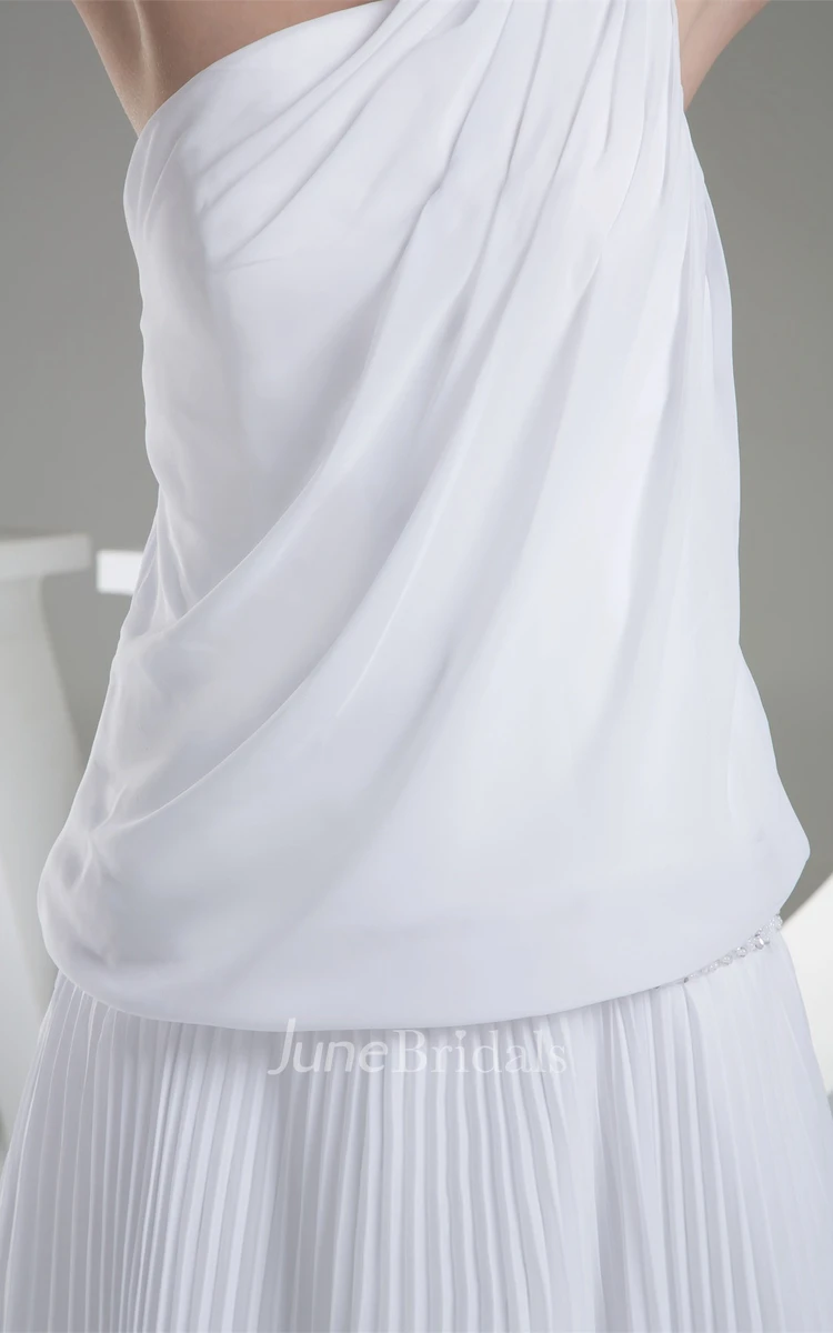 One-Shoulder Pleated Chiffon Maxi Dress with Gemmed Waist
