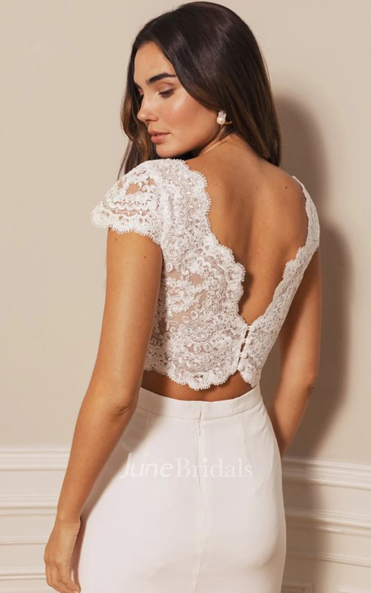 Elegant Chiffon Lace Scalloped Two Piece Floor-length Button Wedding Dress