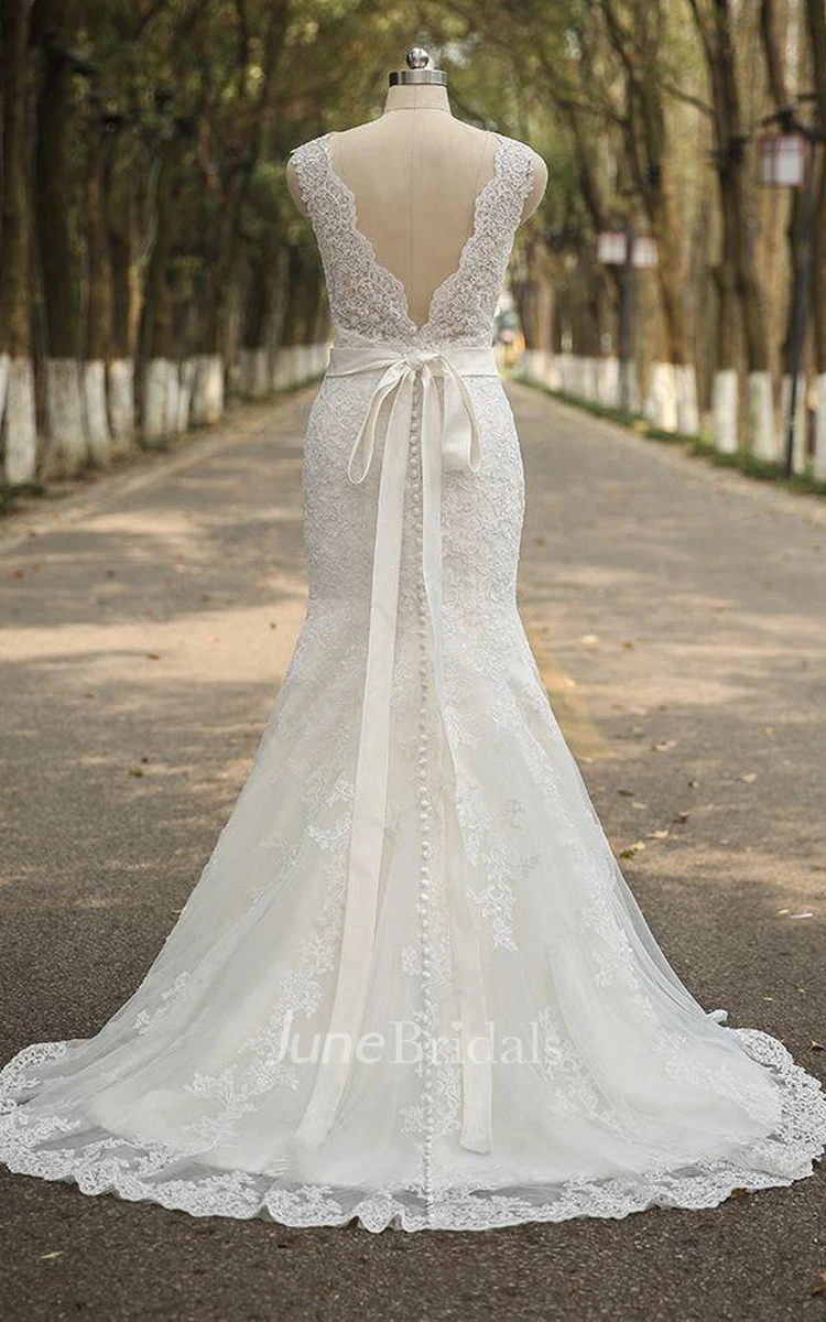 V-neck Sleeveless Mermaid Lace Wedding Dress With Satin Sash