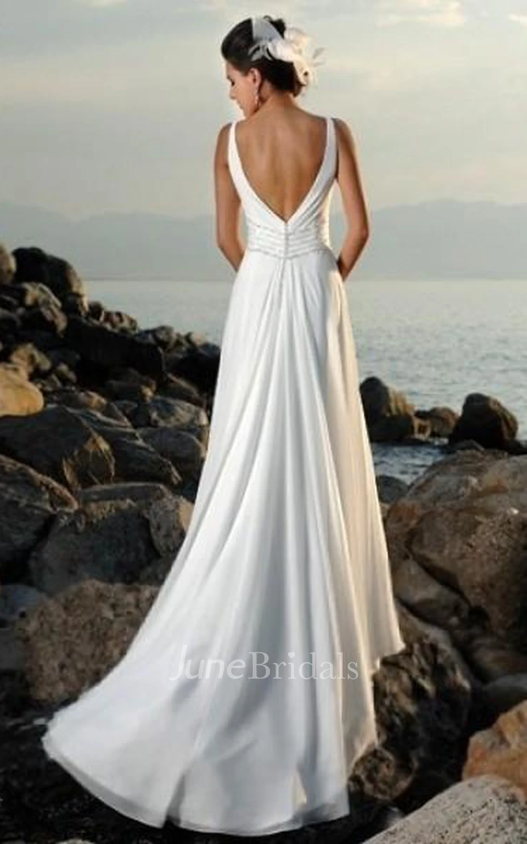 Empire V-neck Court Trains Sleeveless Chiffon Beach Wedding Dresses for Brides