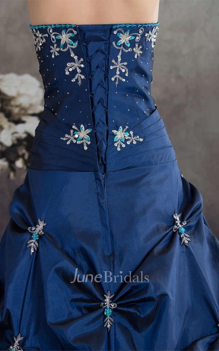 Plunged Pick-Up Ball Gown with Buckle and Crystal Detailing