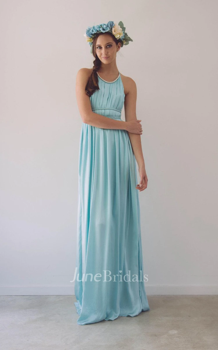 Scoop Sleeveless Chiffon Dress With Pleats And Straps