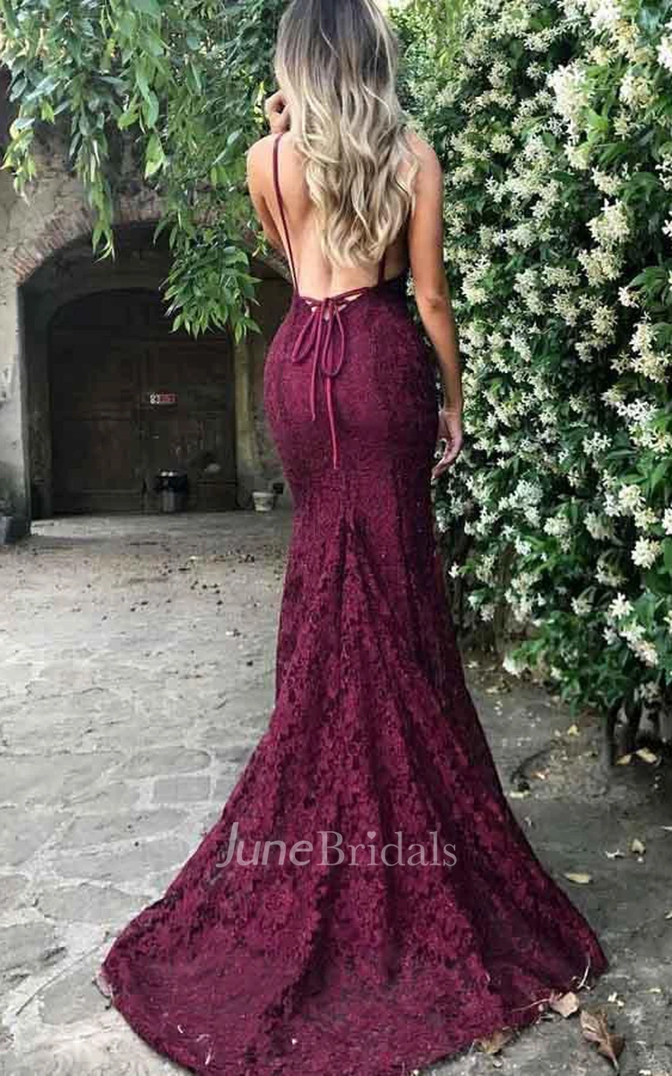 Mermaid Spaghetti Straps Burgundy Lace Backless Prom Dress