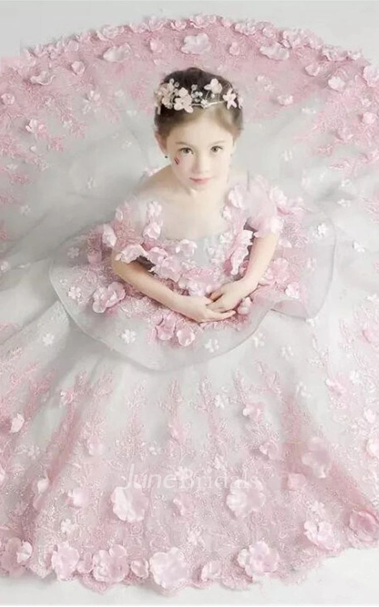 Ball Gown Floral Organza and Tulle Scoop-Neck Tier Flower Girl Dress
